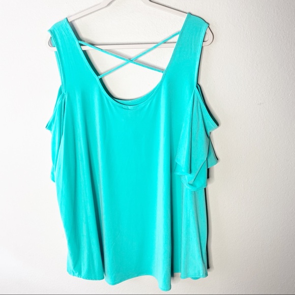 KAARI Blue Teal Green Cold Shoulder Plus Size Top - Picture 4 of 5